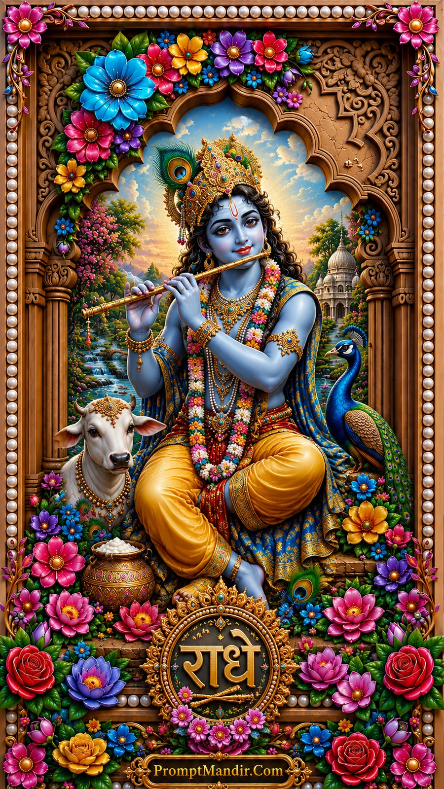 Young Lord Krishna playing flute beside peacock and sacred cow
