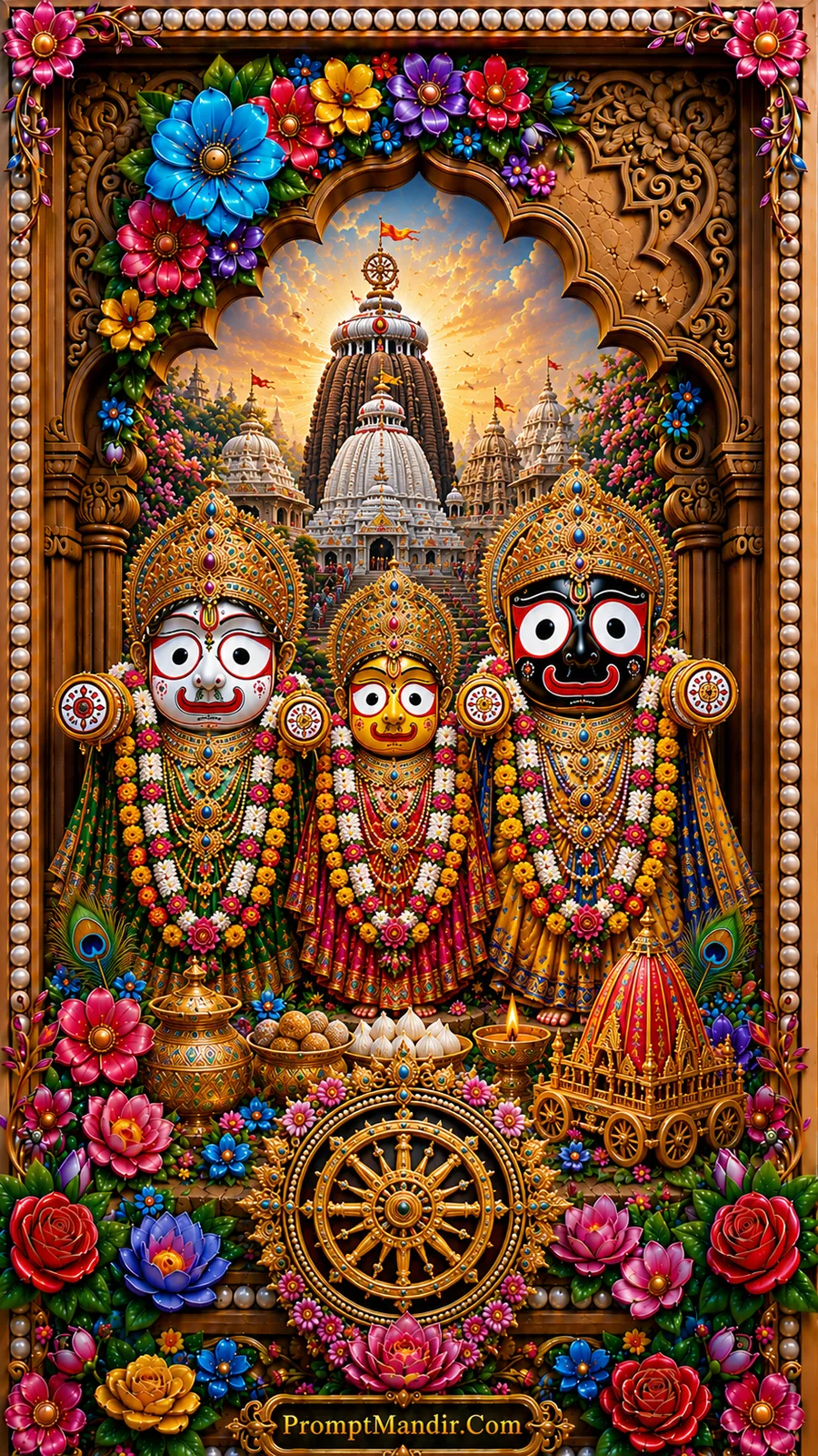 Jagannath Balabhadra Subhadra adorned with garlands before grand temple