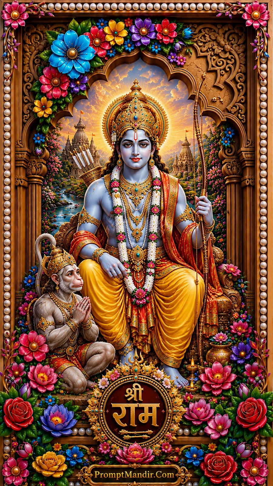 Lord Rama seated with Hanuman offering prayers in floral surroundings