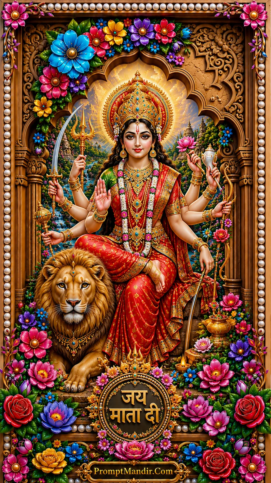 Goddess Durga seated on lion holding divine weapons and lotus
