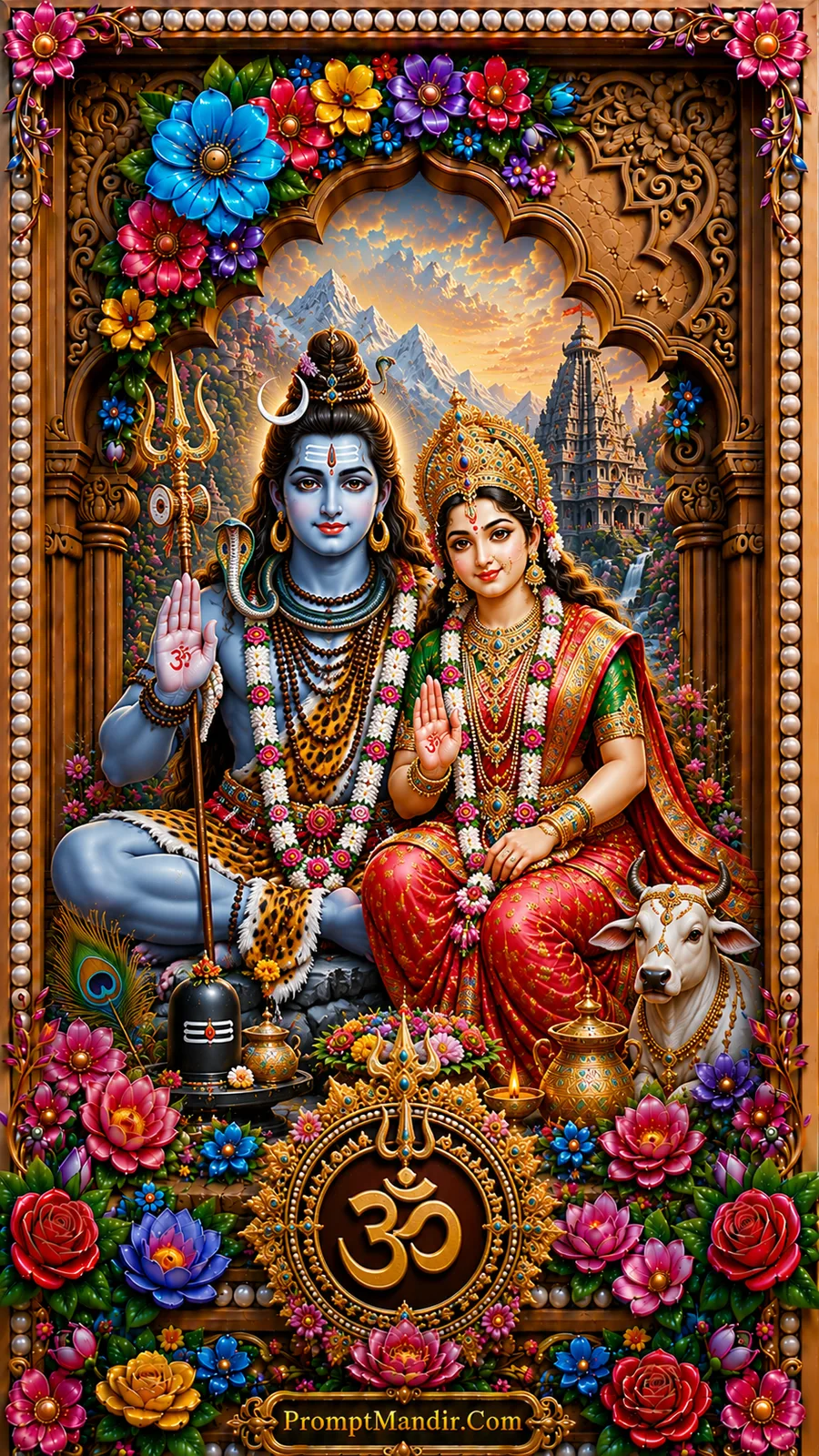 Lord Shiva and Goddess Parvati seated together with sacred cow