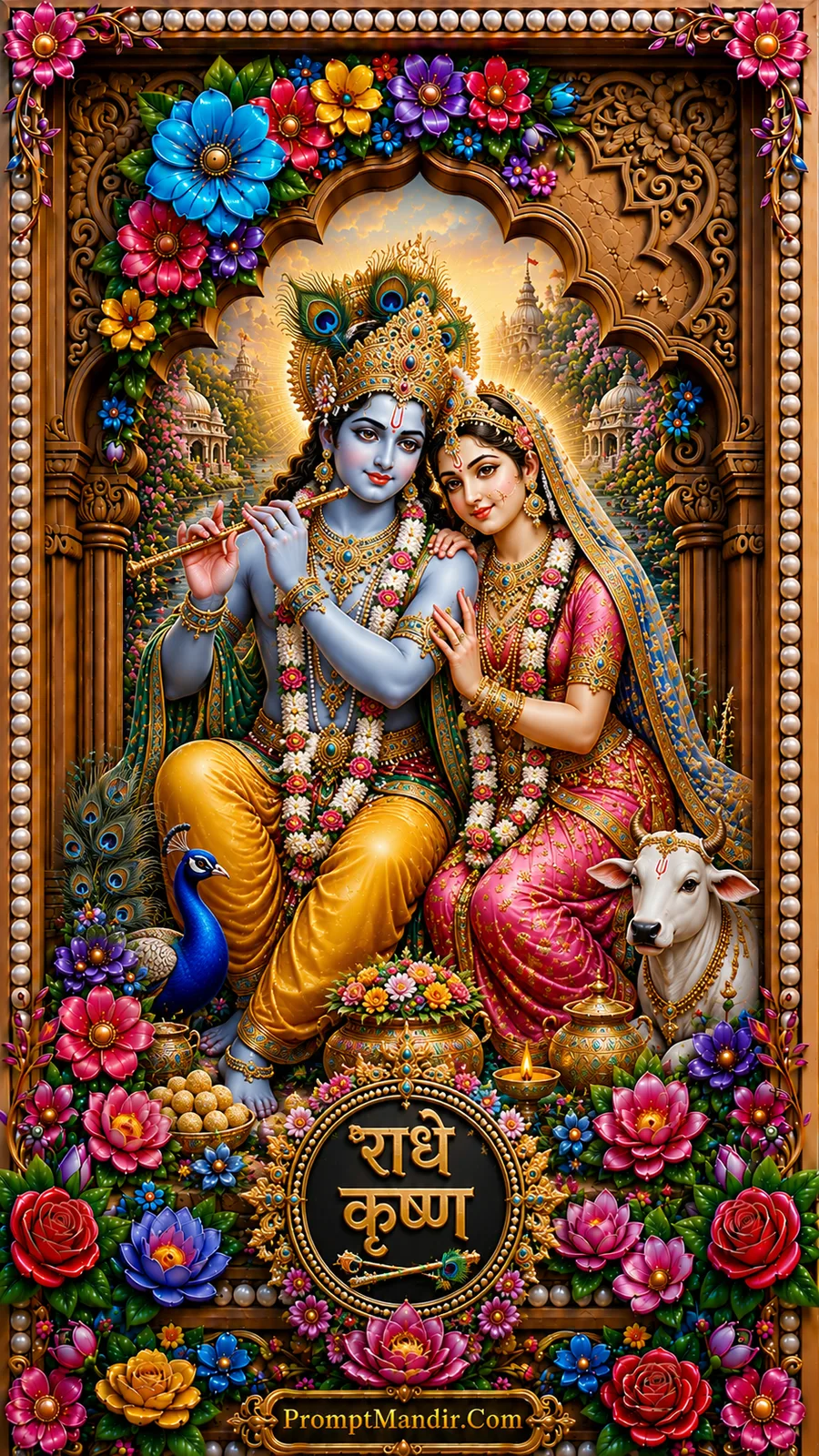Radha and Krishna together with flute peacock and floral decorations