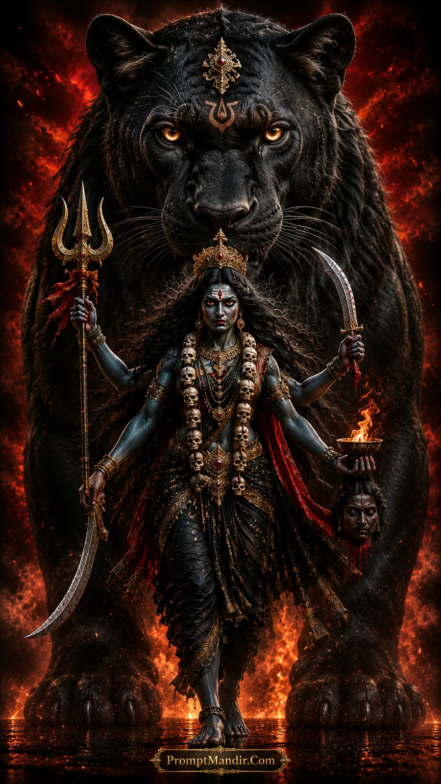 Fierce Goddess Kali with black panther amid fiery divine background and powerful spiritual aura