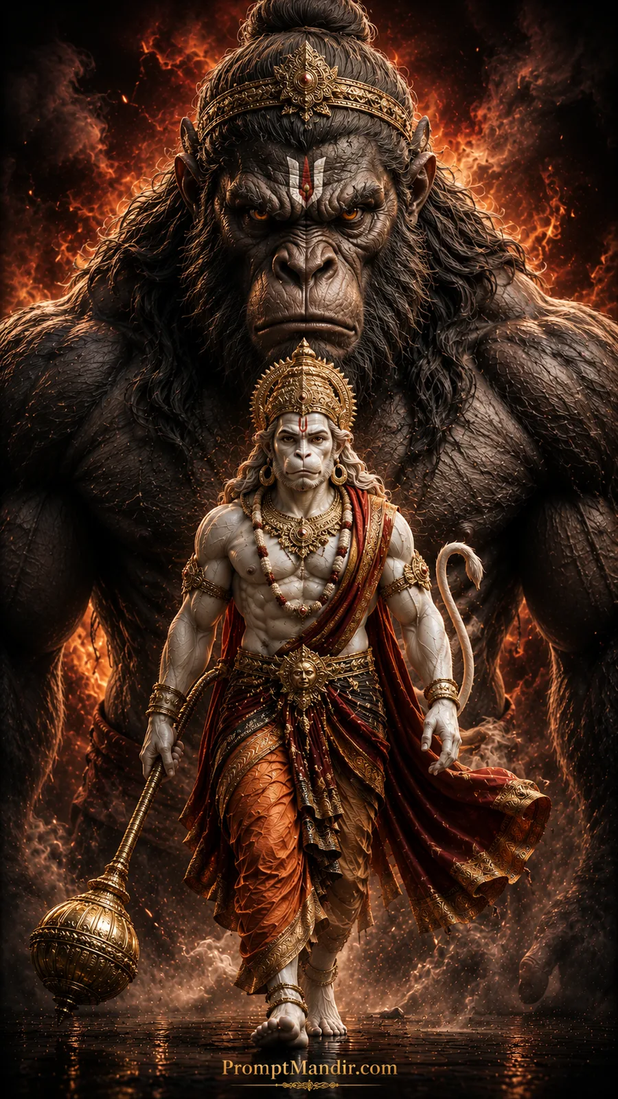 Lord Hanuman walking confidently with giant vanara guardian against blazing fiery background