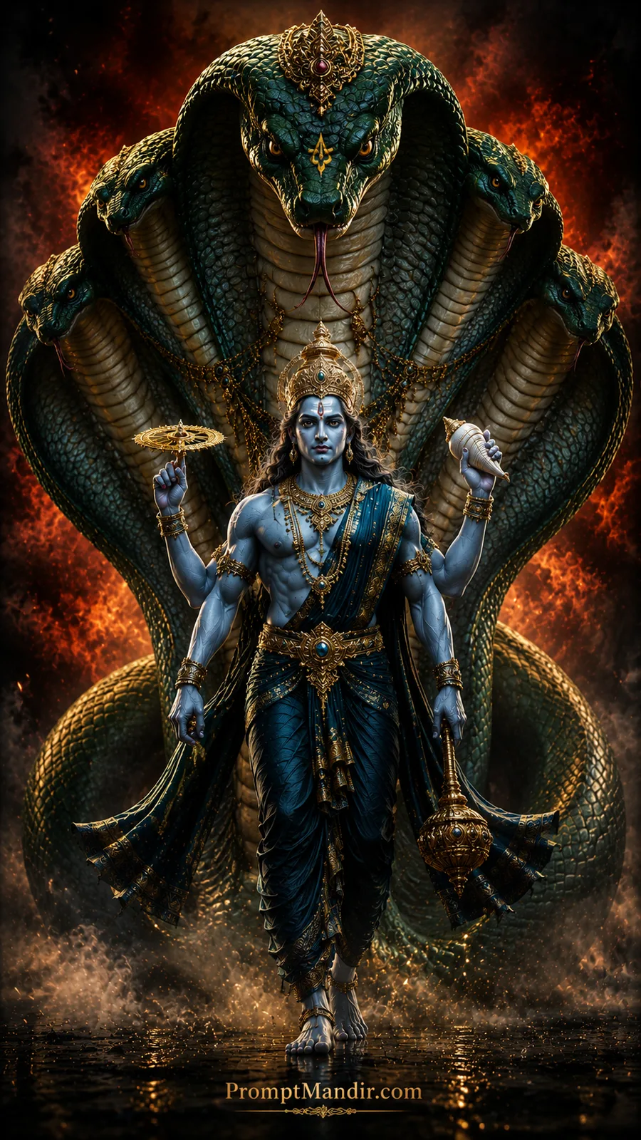Lord Vishnu standing before majestic Sheshnag with divine blue aura and sacred symbols