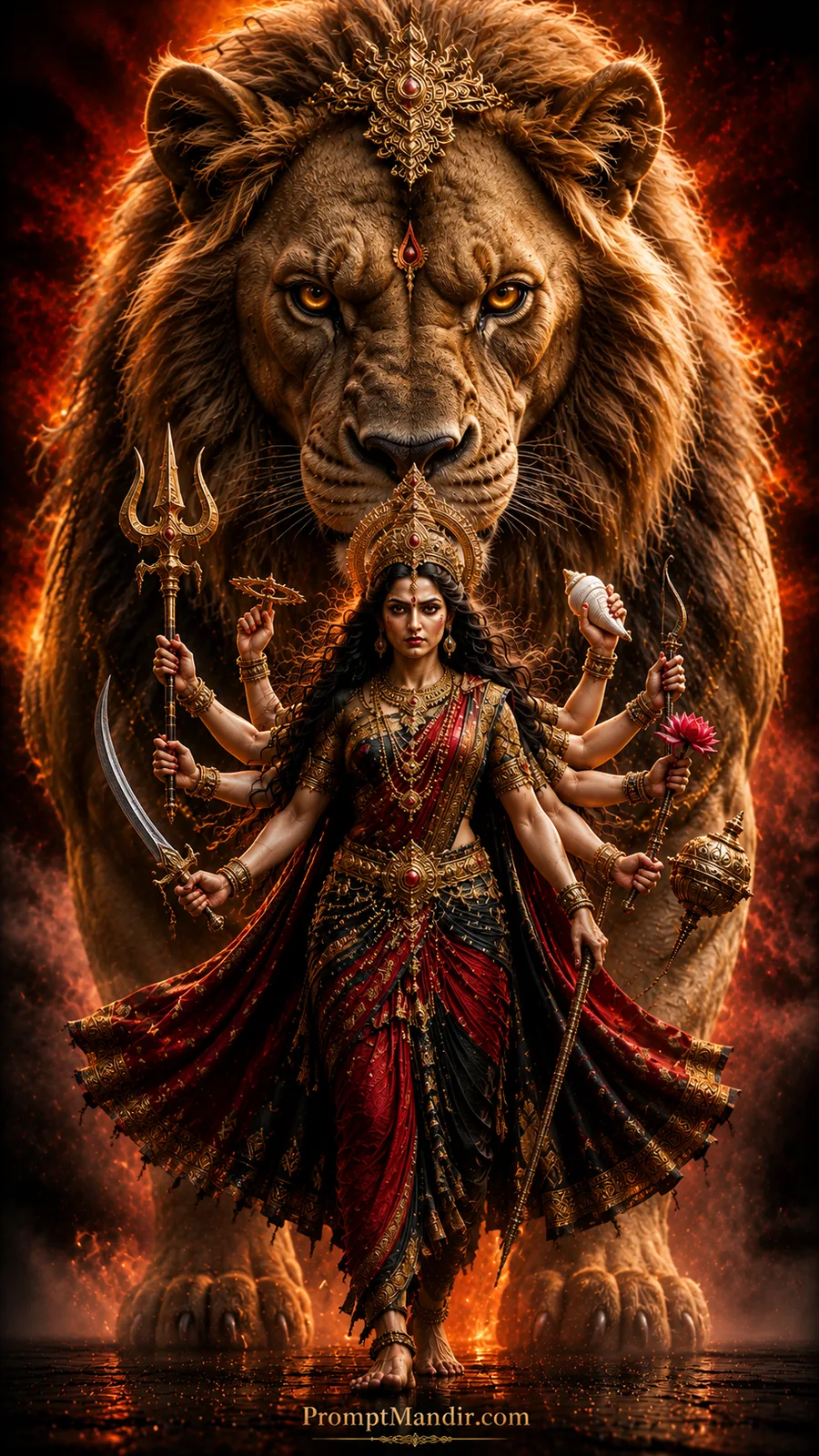 Goddess Durga with majestic lion surrounded by blazing divine energy and royal ornaments