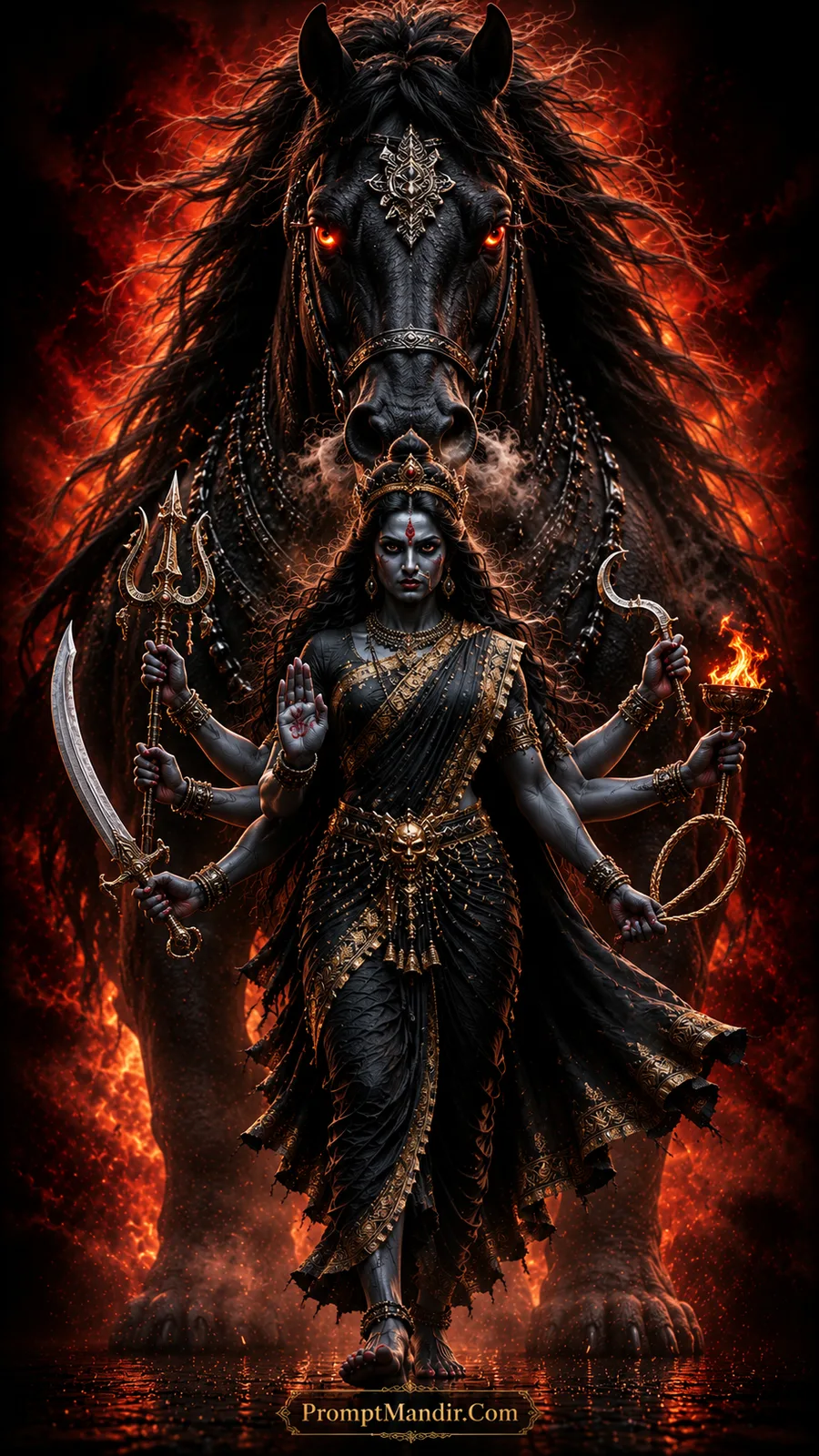 Dark Goddess Kali with black horse in fiery mystical atmosphere and glowing sacred aura