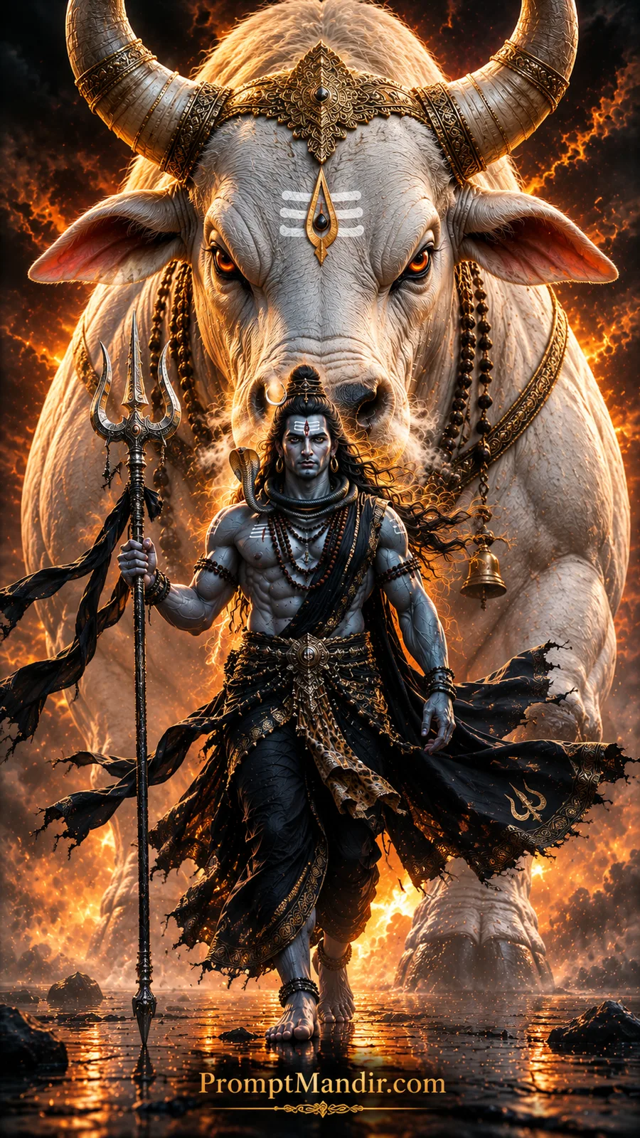 Lord Shiva walking before sacred white bull Nandi amid glowing fiery divine atmosphere