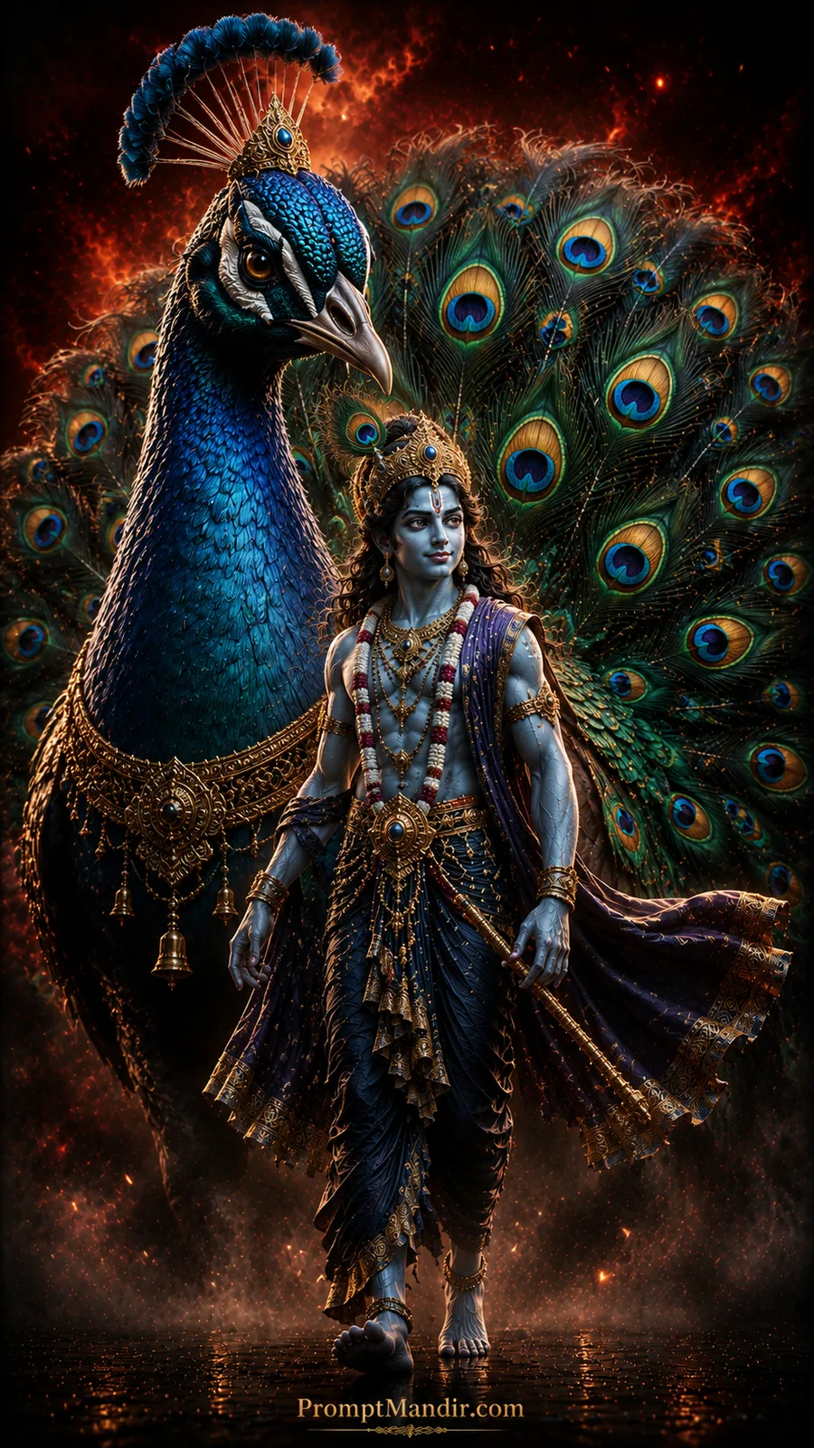 Lord Kartikeya beside majestic peacock with vibrant feathers and glowing spiritual atmosphere