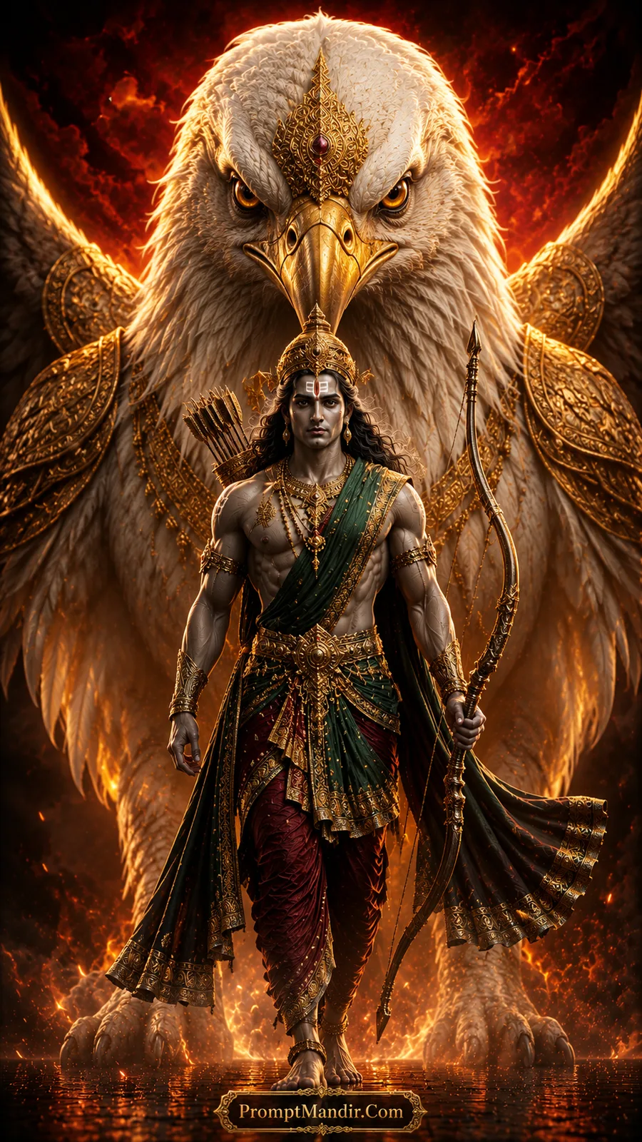 Lord Rama with majestic eagle guardian amid radiant golden divine fiery background