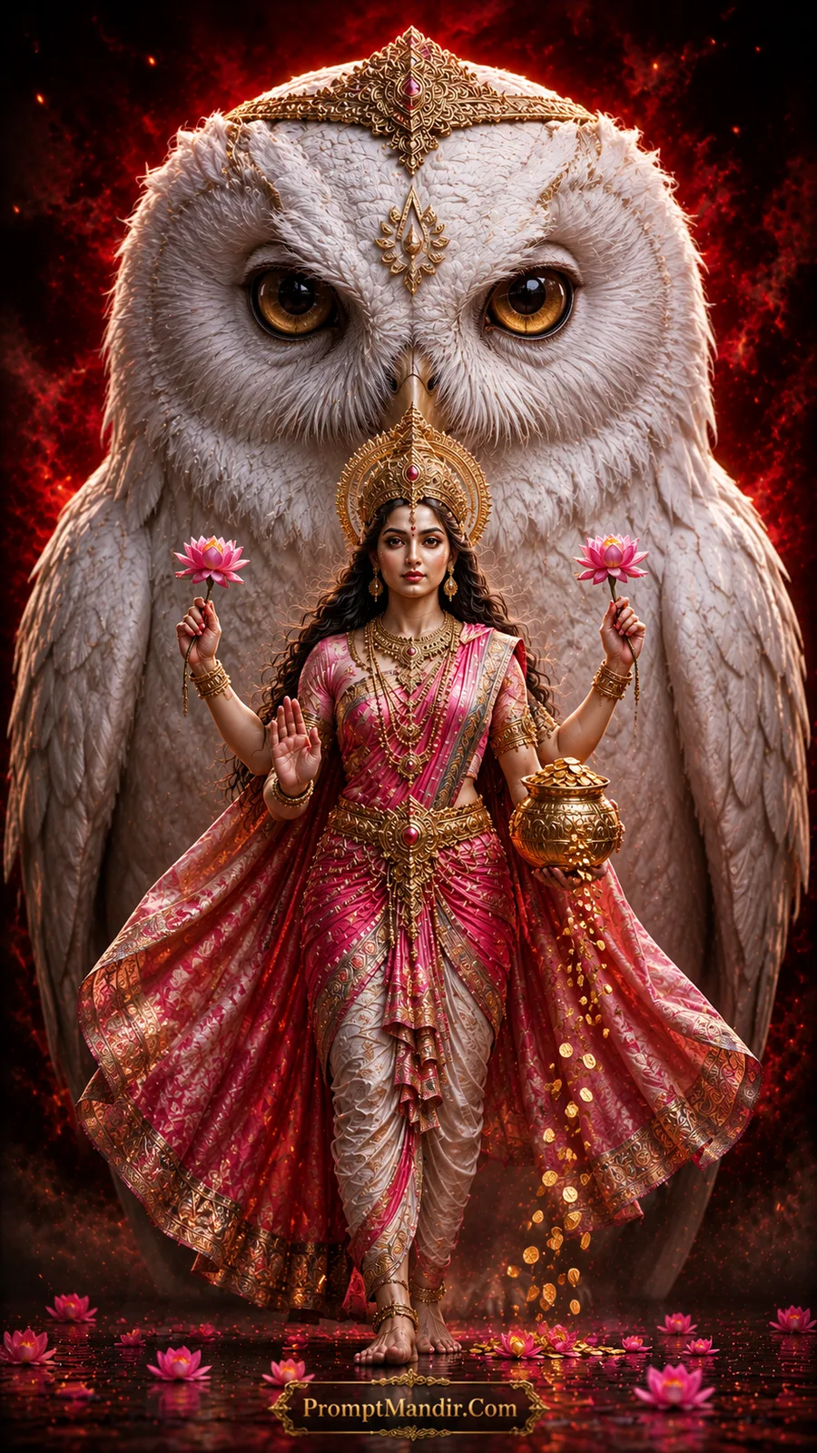 Goddess Lakshmi before majestic white owl holding lotus flowers and golden prosperity pot