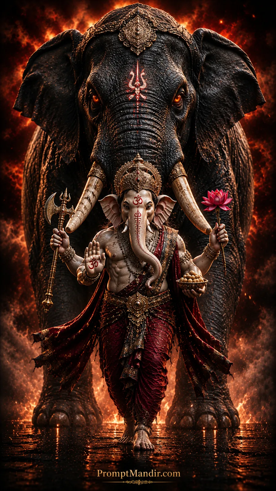 Lord Ganesha with majestic elephant surrounded by fiery divine glow and sacred ornaments