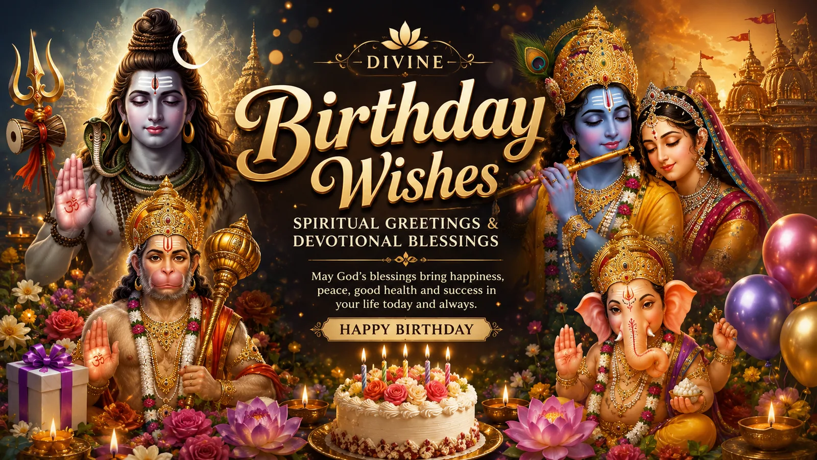 Best Birthday wishes featuring Krishna, Mahadev, Hanuman Ji, devotional wallpapers, and spiritual greetings