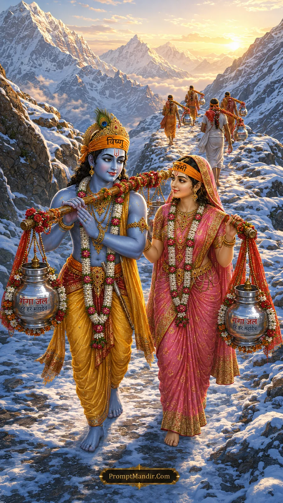 Lord Vishnu and Goddess Lakshmi carrying sacred water across snowy mountains