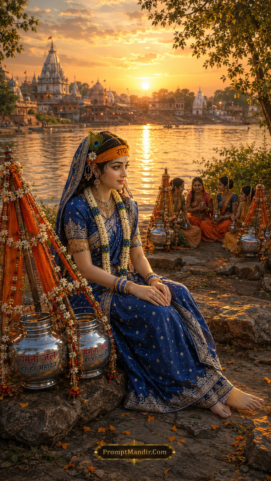 Devotional woman in blue saree seated beside riverside temple at sunset