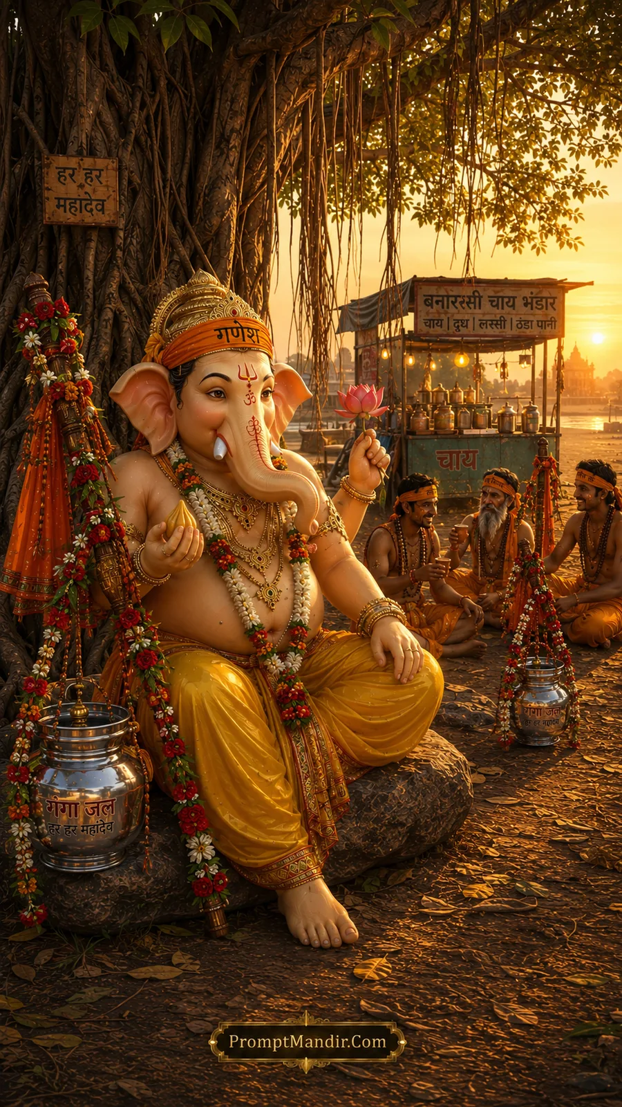 Lord Ganesha seated beneath banyan tree beside riverside tea stall