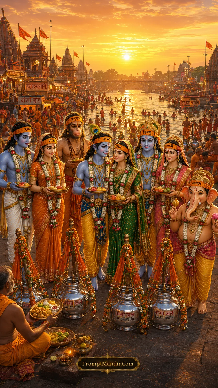 Divine deities gathered for sacred offering ceremony at river ghat