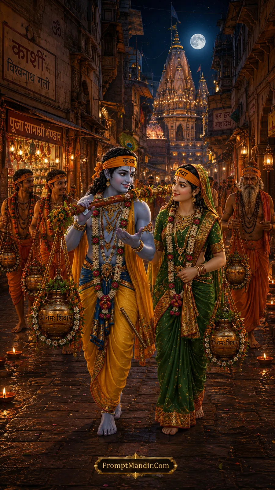 Lord Krishna and Radha walking through illuminated Kashi streets at night