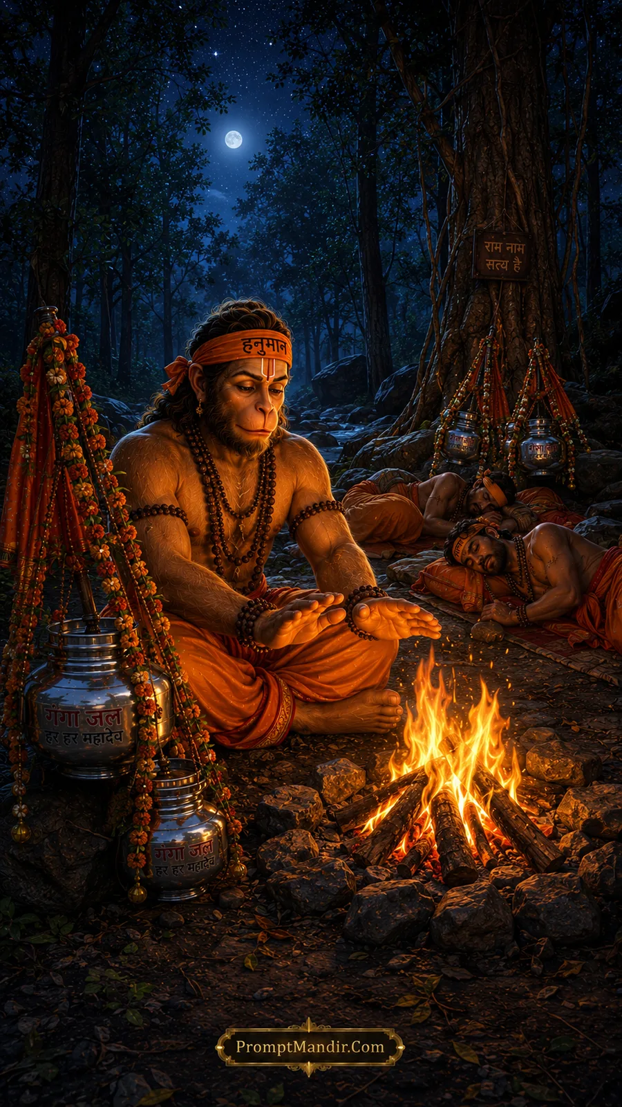 Lord Hanuman warming hands beside campfire in peaceful forest night