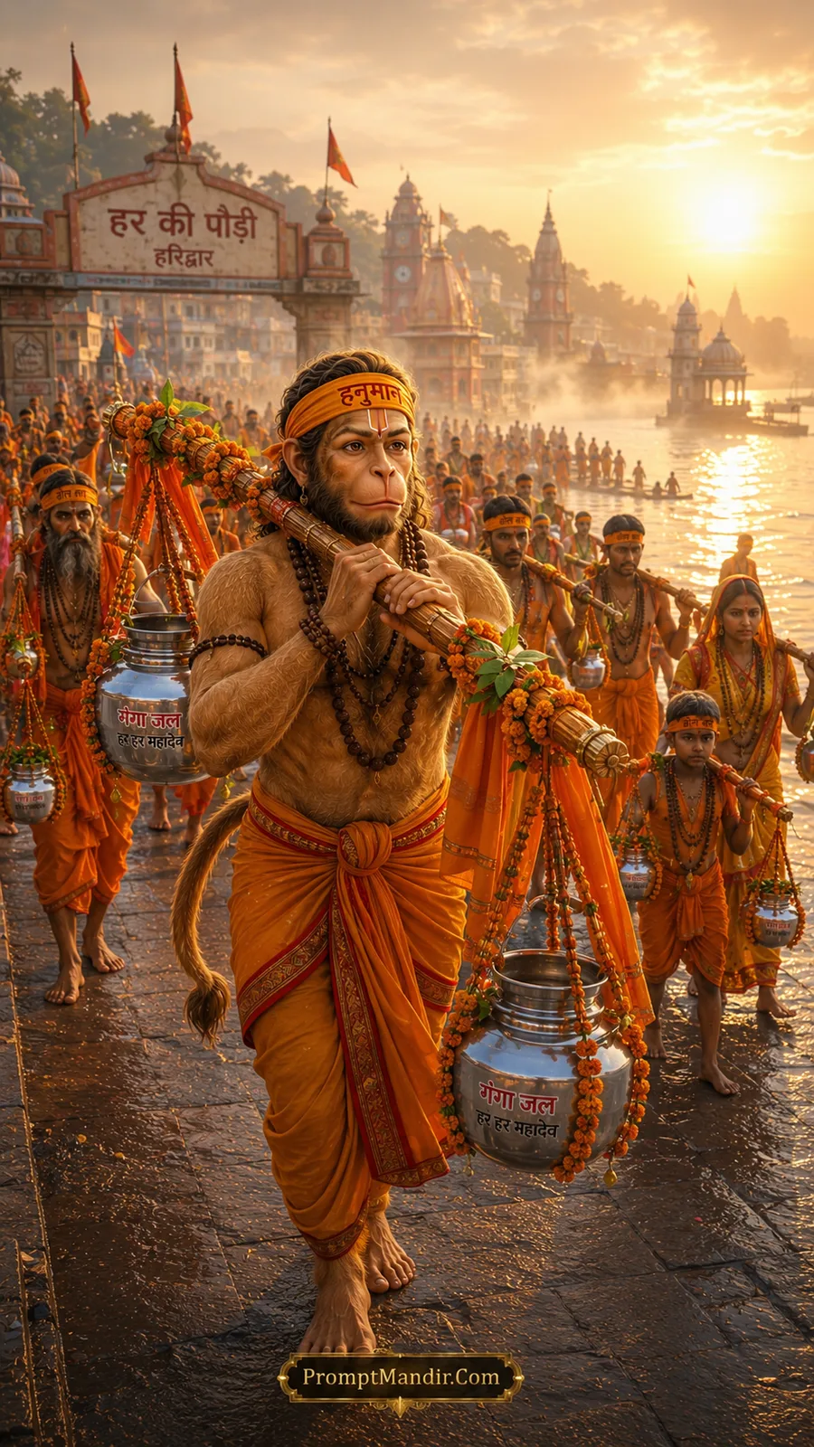 Lord Hanuman leading sacred pilgrimage near Har Ki Pauri at sunrise