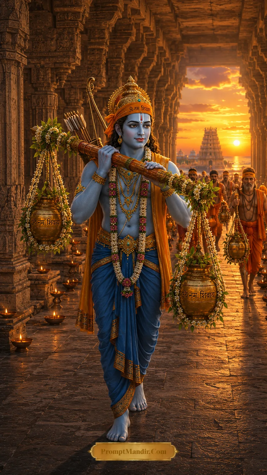 Lord Ram carrying sacred vessel through temple corridor at sunset