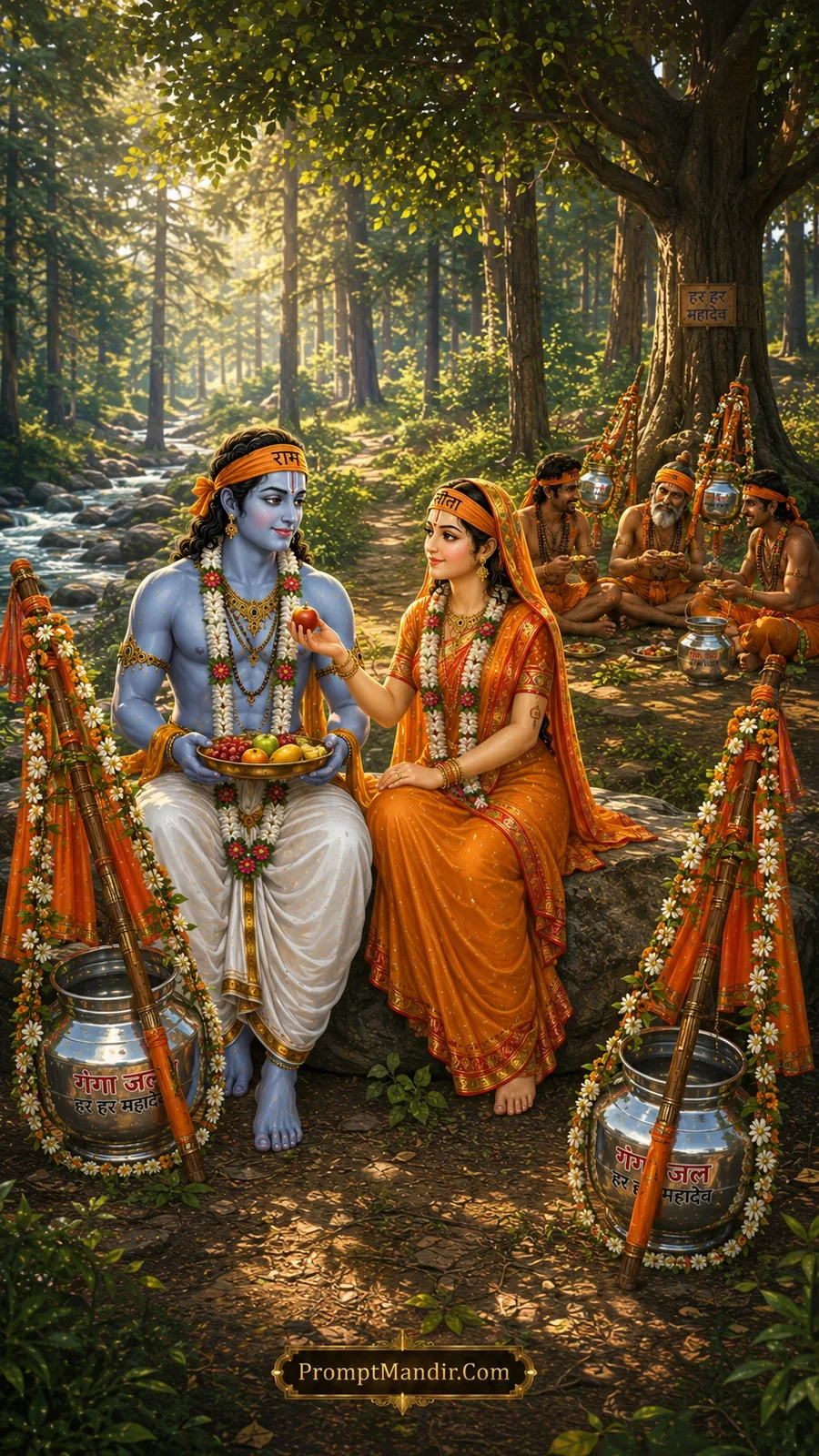 Lord Ram and Mata Sita sharing fruits in peaceful forest retreat