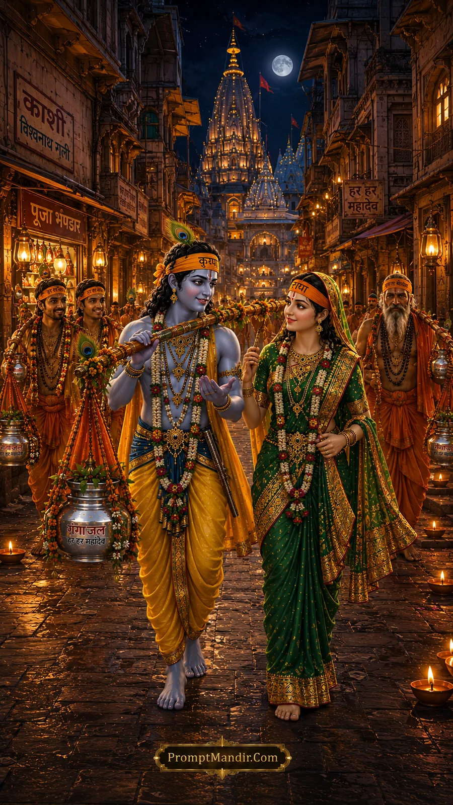Lord Krishna and Radha walking beneath moonlit temple streets together