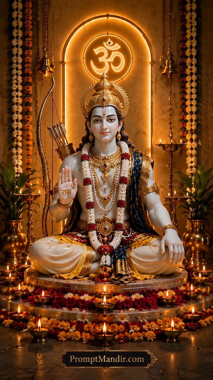 Peaceful Lord Rama idol seated in temple with glowing Om symbol and sacred diyas