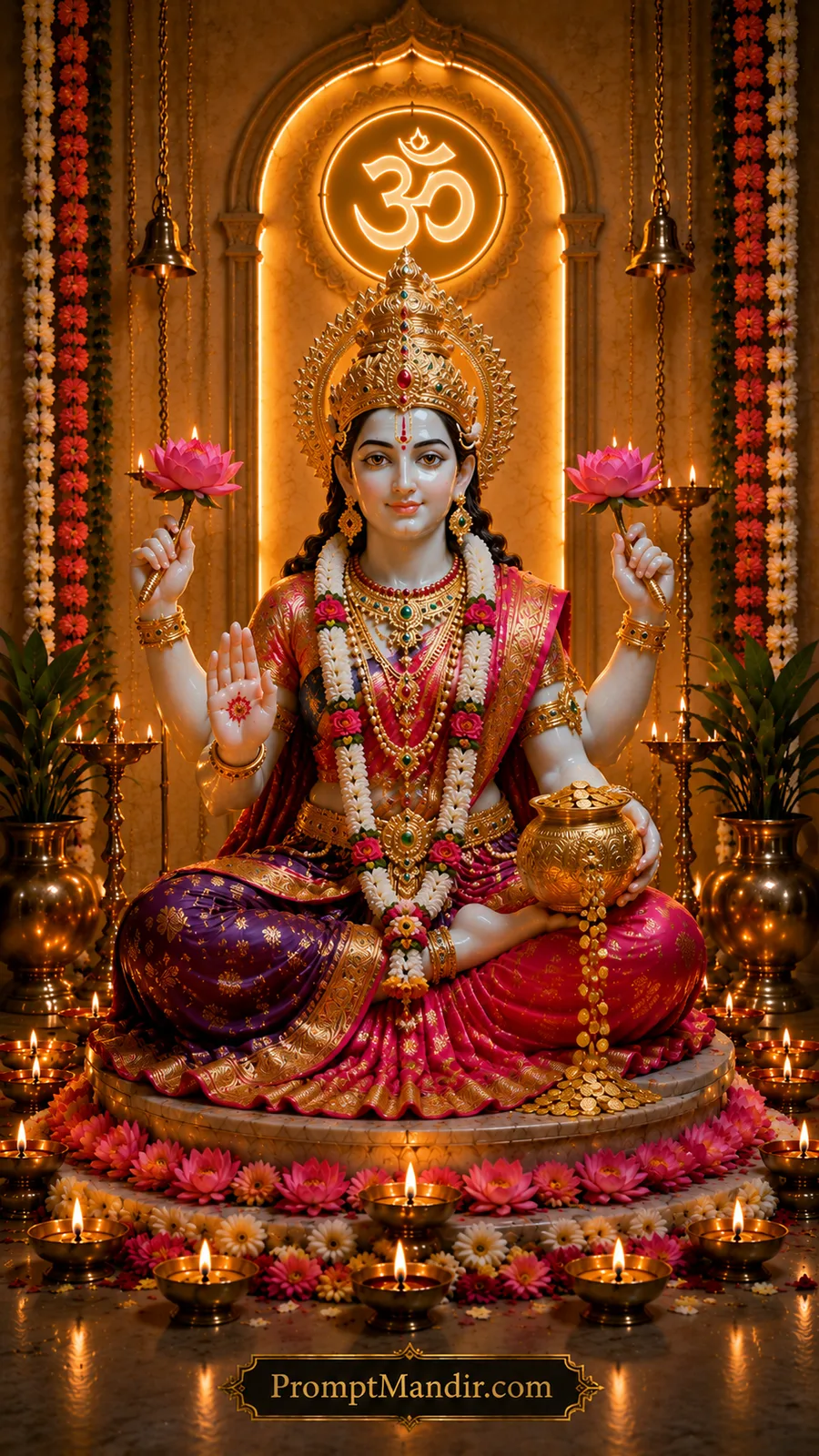 Divine Goddess Lakshmi seated with lotus flowers and golden kalash inside glowing temple