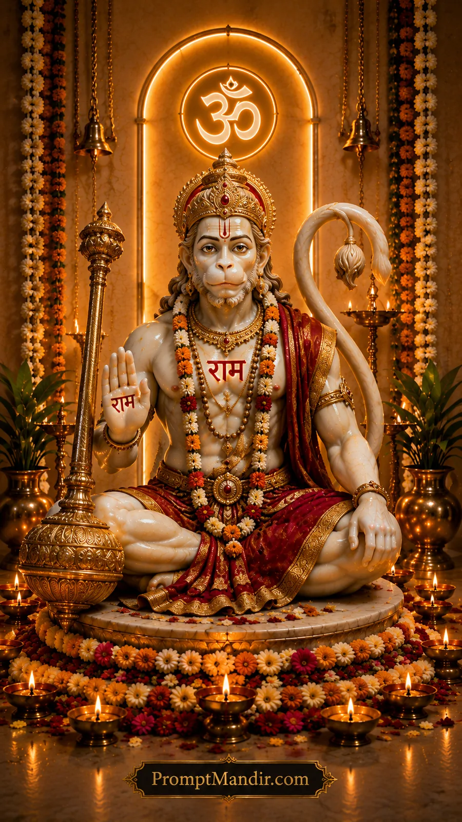 Lord Hanuman idol seated with golden gada beneath glowing Om symbol and temple lamps