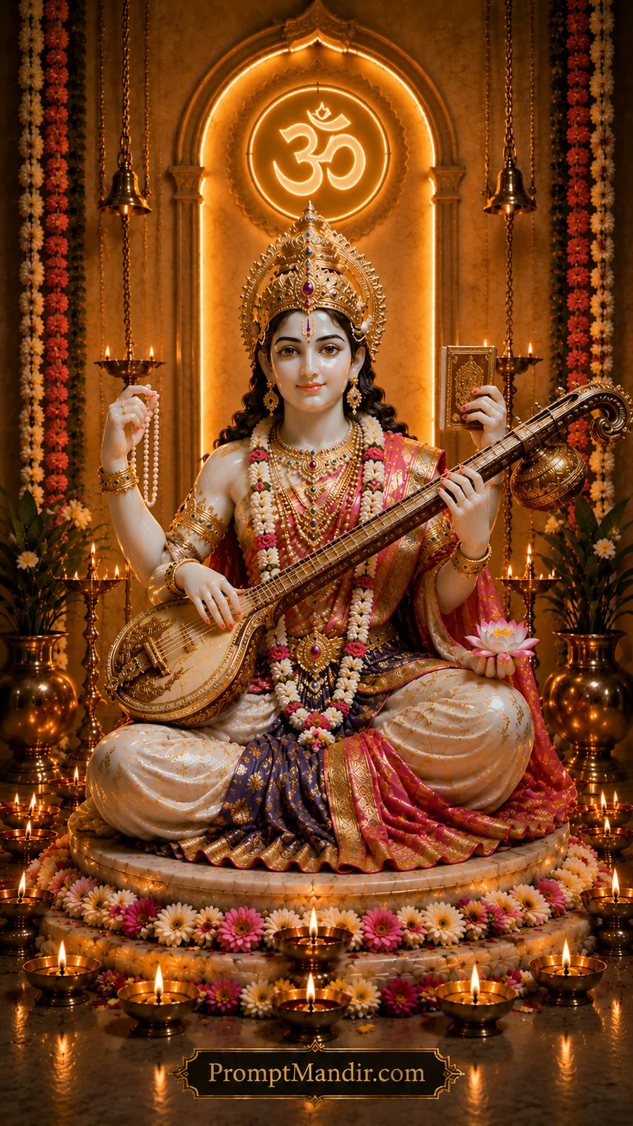 Goddess Saraswati seated with veena scripture and lotus in illuminated temple shrine