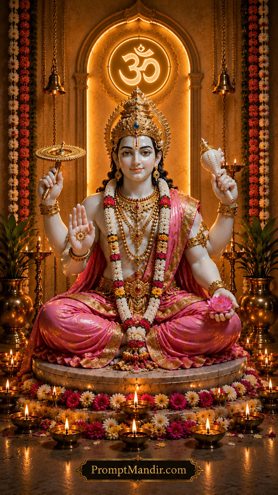Lord Vishnu seated peacefully holding Sudarshan Chakra and conch inside glowing temple