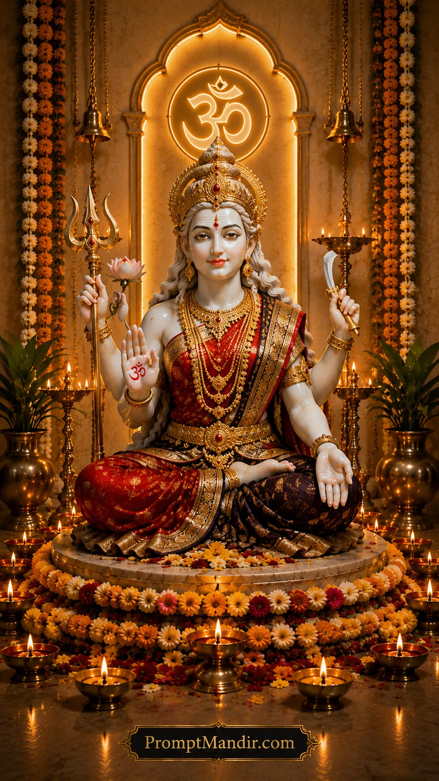 Goddess Parvati seated with trishul lotus and sacred blade inside glowing temple shrine