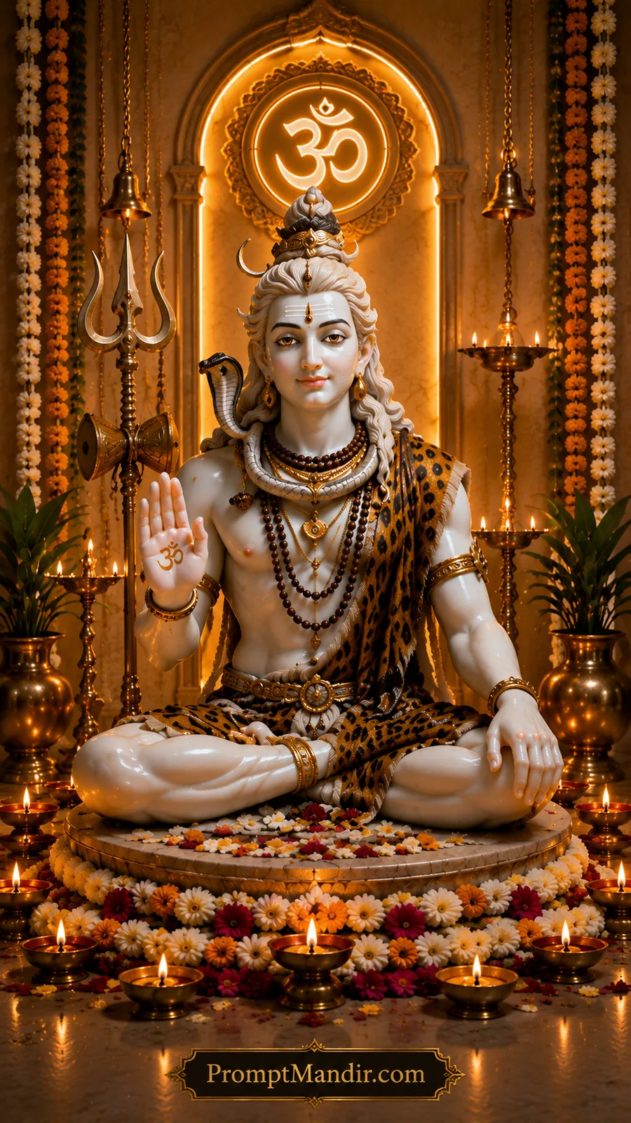 Lord Shiva seated in meditation with trishul cobra and glowing Om temple background