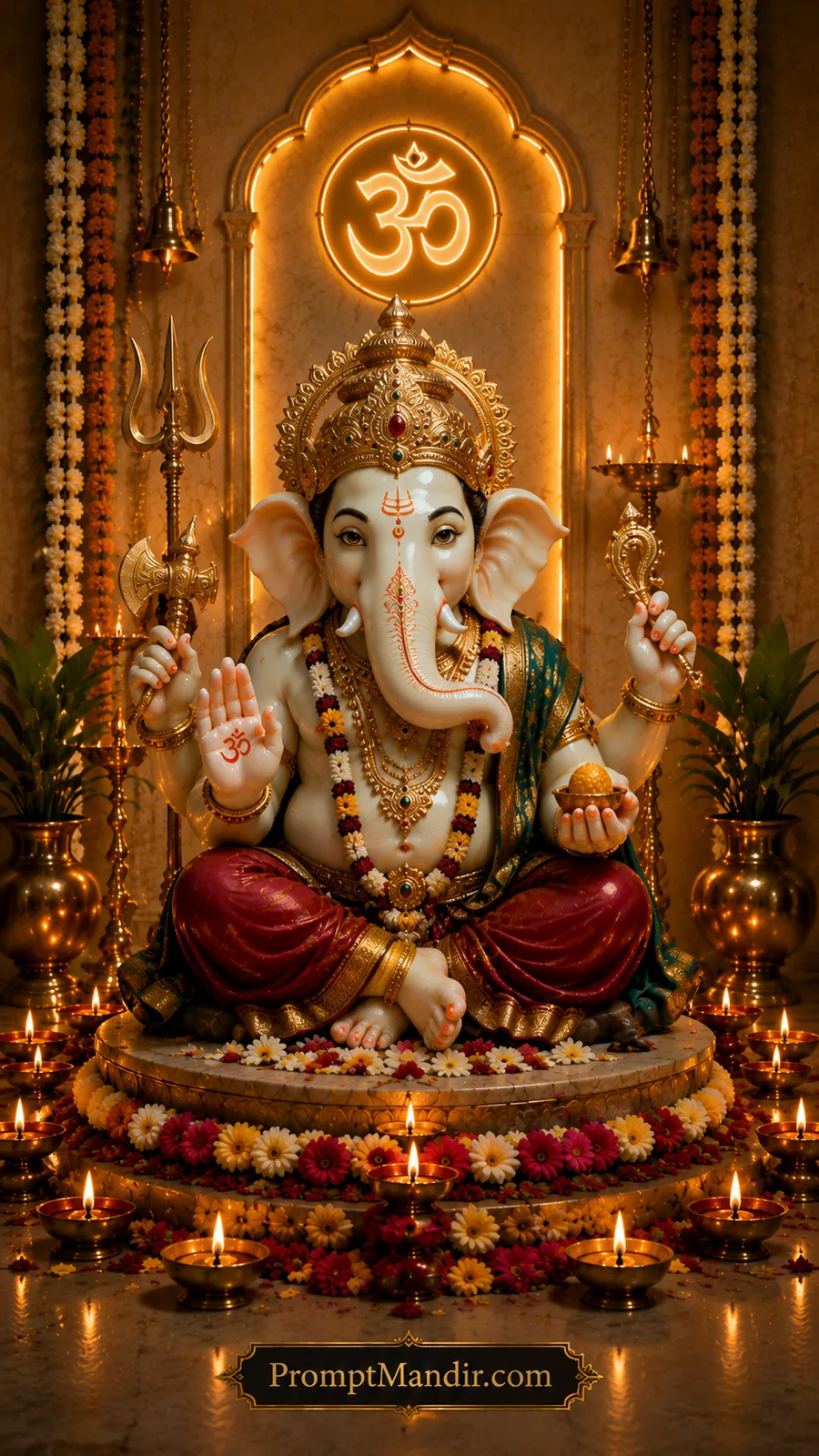 Lord Ganesha seated on decorated altar with glowing Om symbol and traditional oil lamps