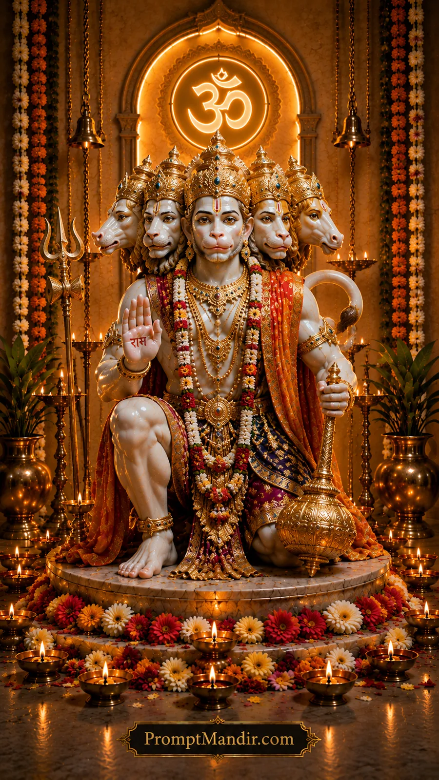 Panchamukhi Hanuman seated with golden gada inside illuminated devotional temple shrine