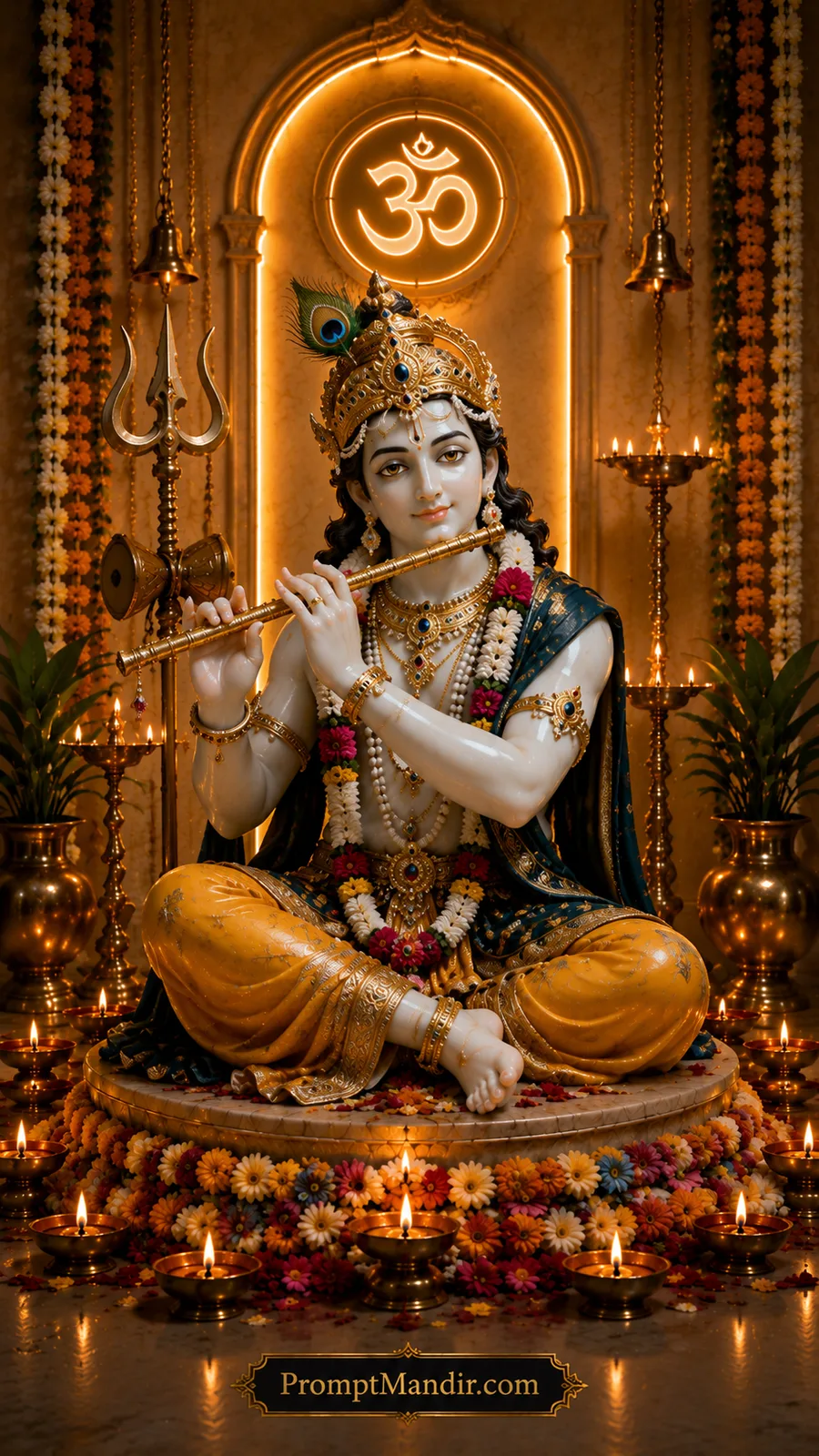 Lord Krishna seated playing flute beneath glowing Om symbol inside peaceful temple shrine
