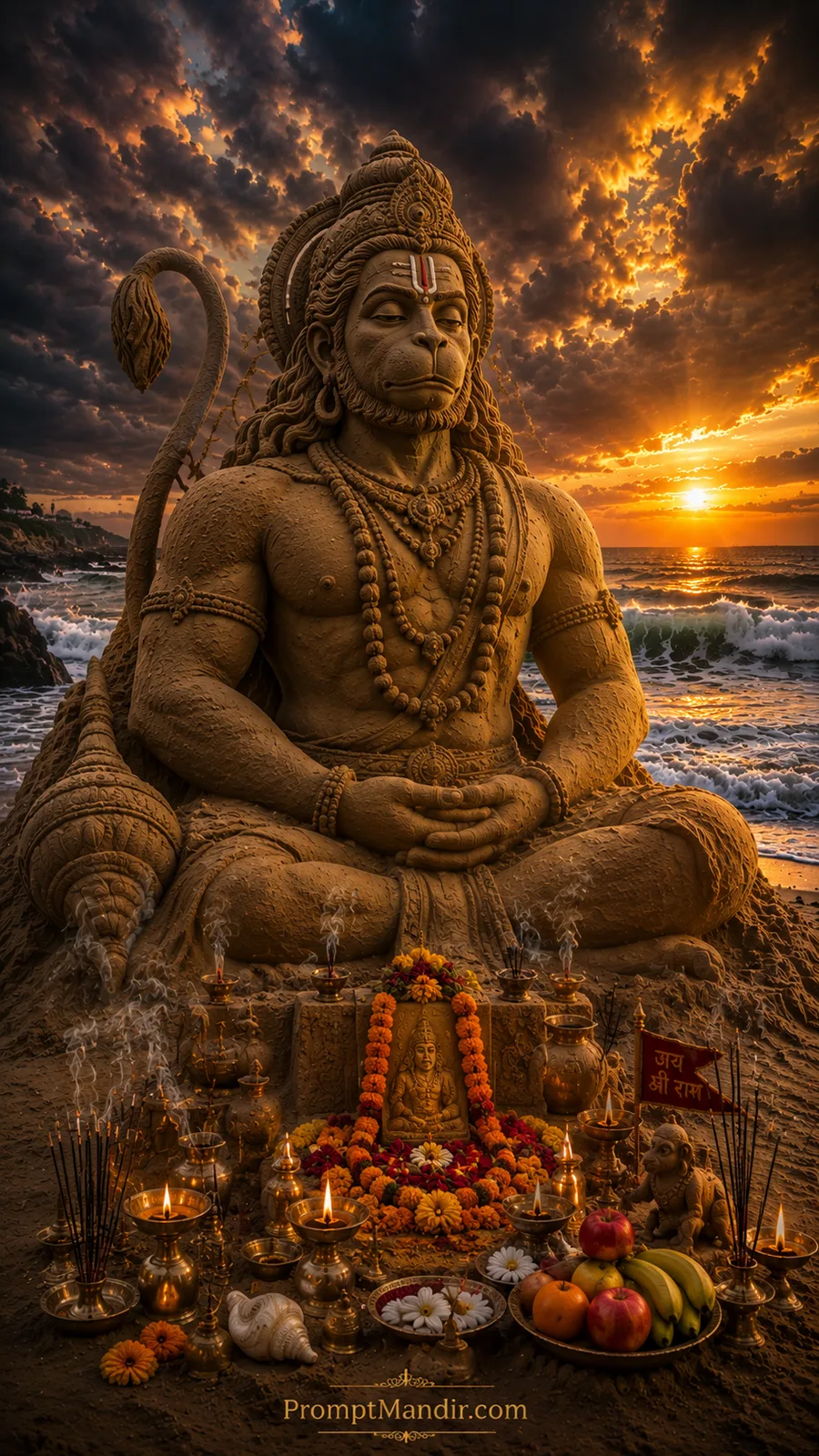 Meditative Lord Hanuman sand sculpture beside ocean at sunset with devotional offerings and diyas