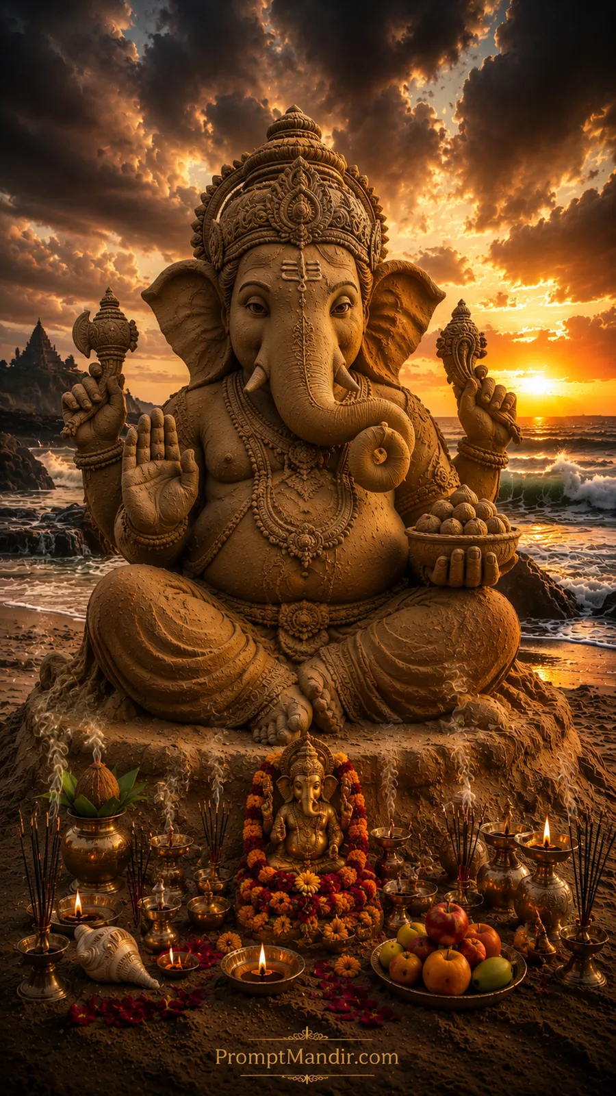 Divine Lord Ganesha sand sculpture with modaks beside ocean during glowing sunset worship