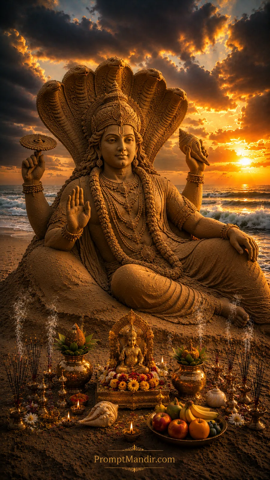 Lord Vishnu sand sculpture beneath Sheshnag beside ocean with glowing sunset and diyas