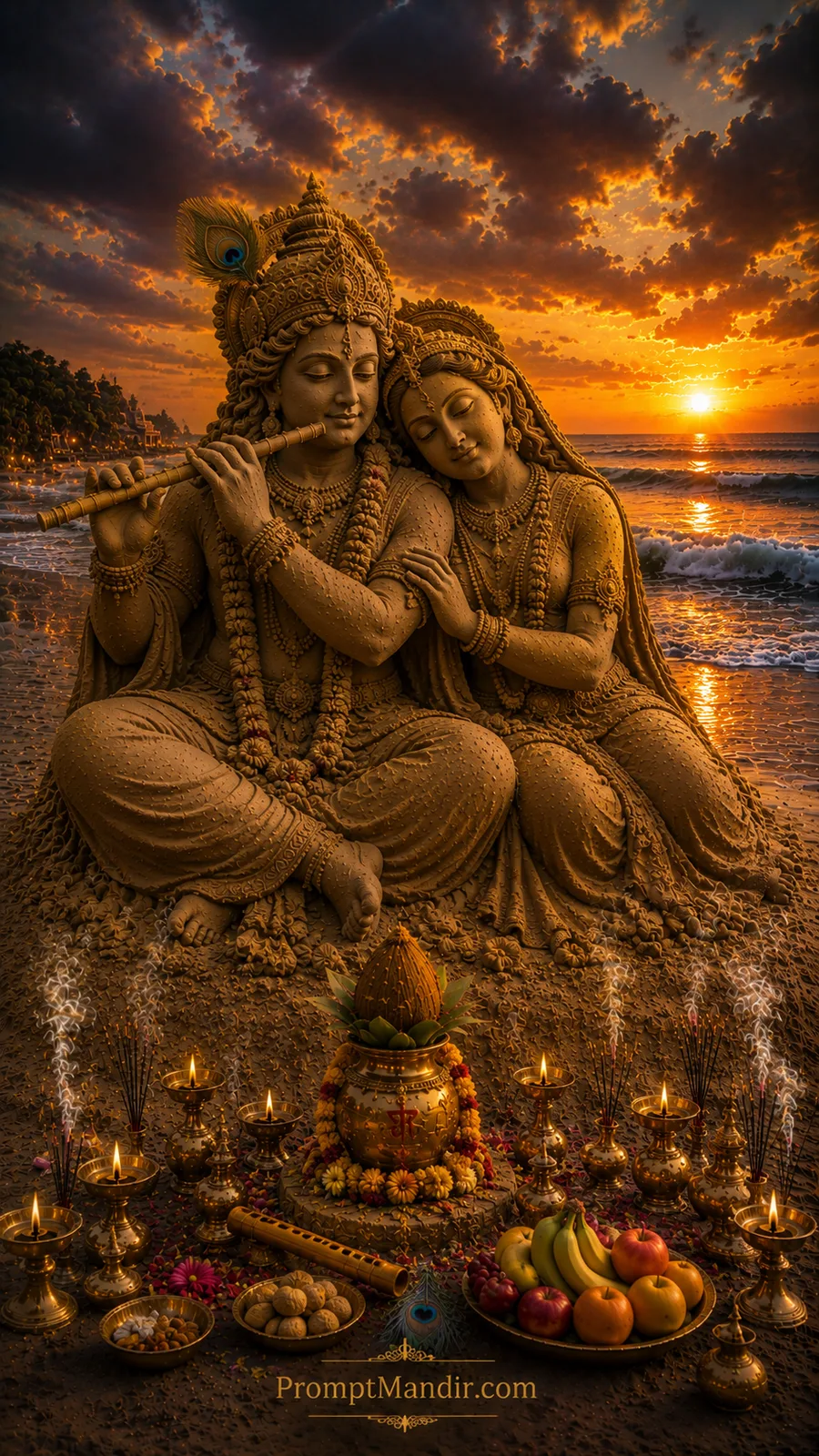 Radha Krishna sand sculpture beside ocean during sunset with flute lamps and sacred offerings