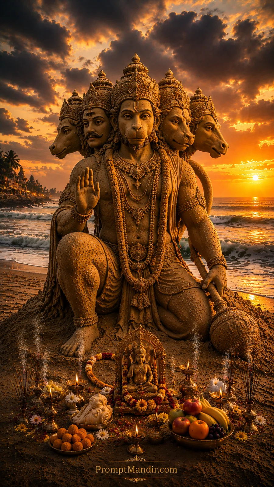 Panchamukhi Hanuman sand sculpture beside ocean with golden sunset and devotional offerings