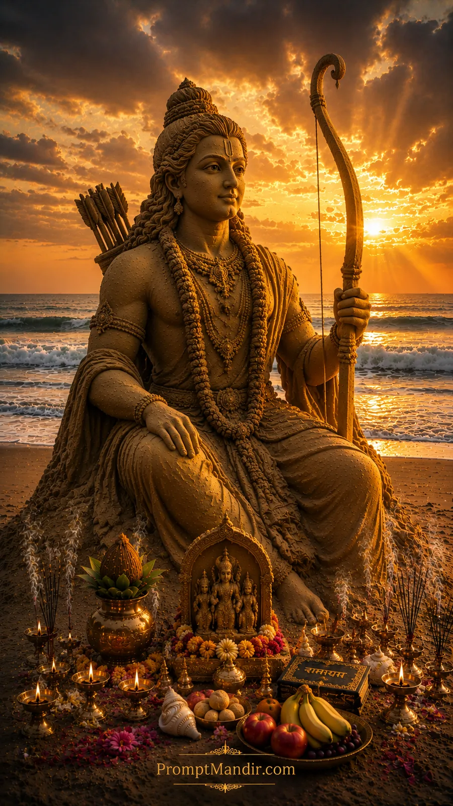 Lord Rama sand sculpture holding bow beside ocean during radiant golden sunset worship