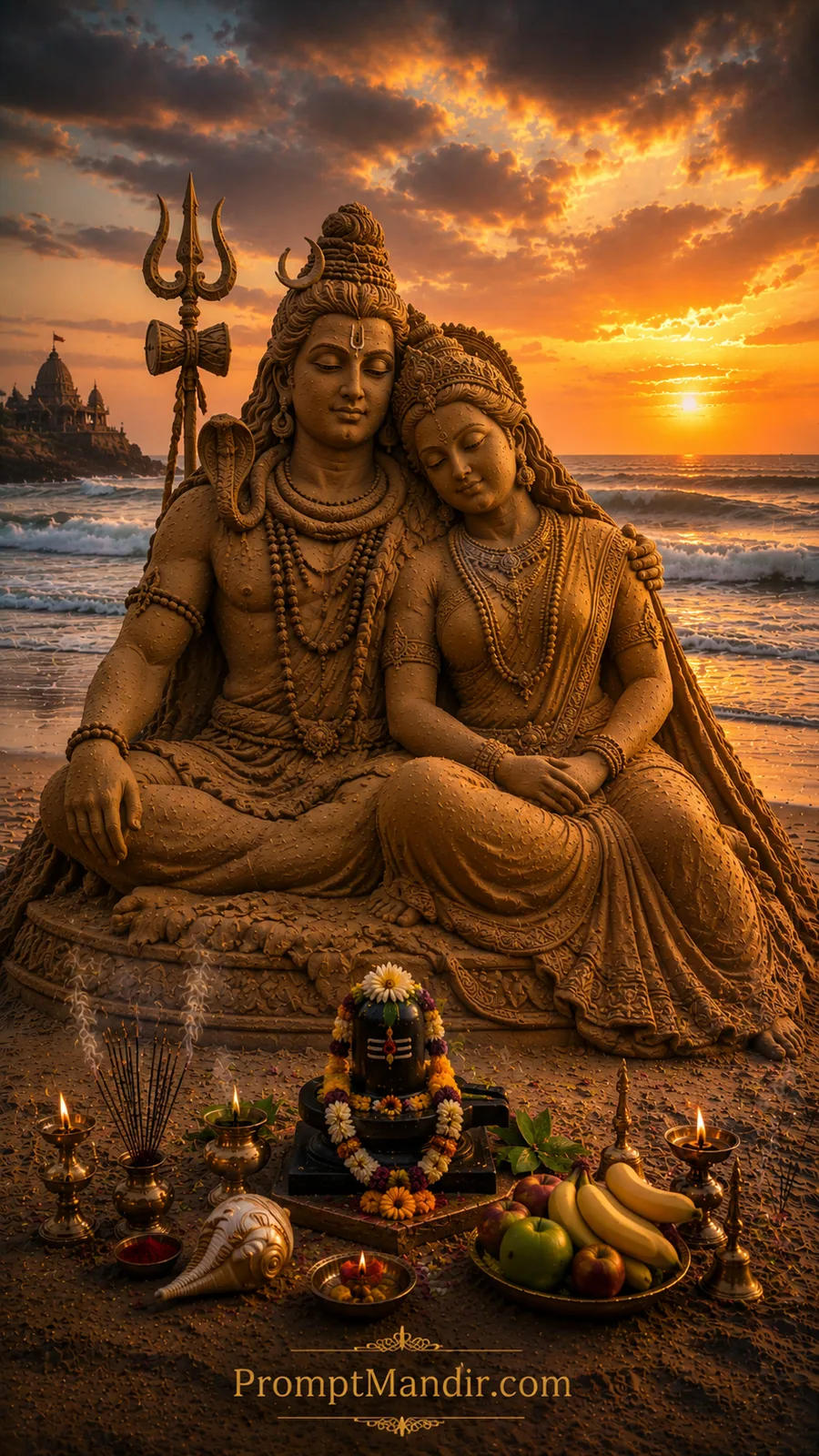Lord Shiva and Goddess Parvati sand sculpture embracing beside ocean during glowing sunset