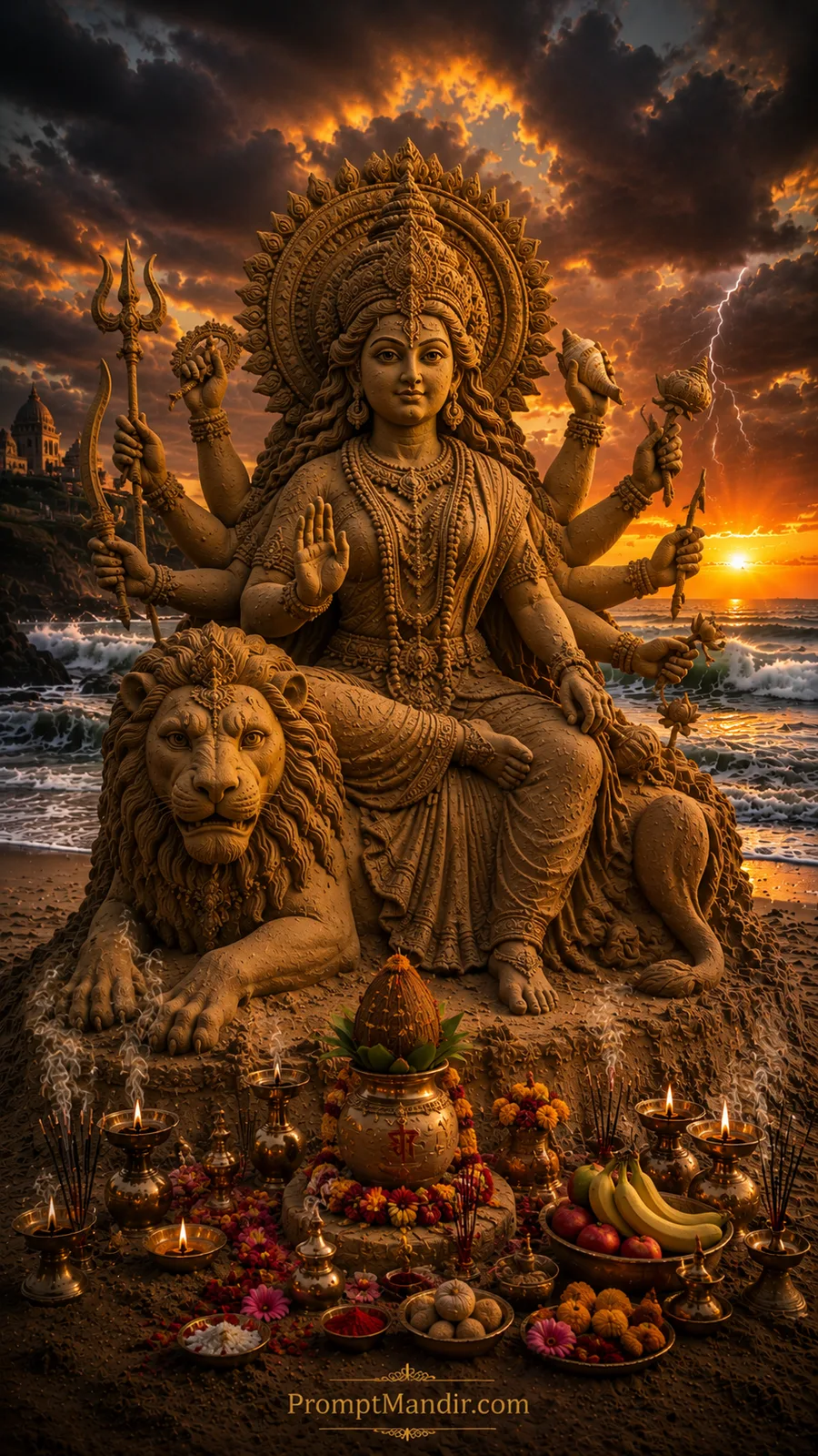 Goddess Durga sand sculpture with lion beside ocean under dramatic sunset and lightning sky