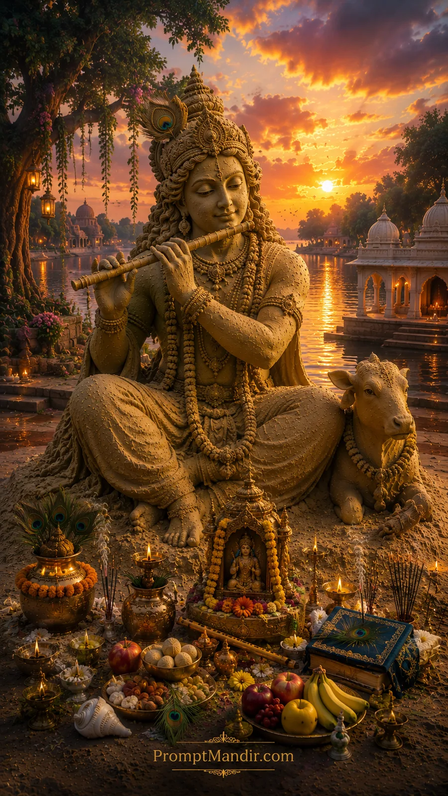 Lord Krishna sand sculpture playing flute beside sacred cow near peaceful riverside temple sunset