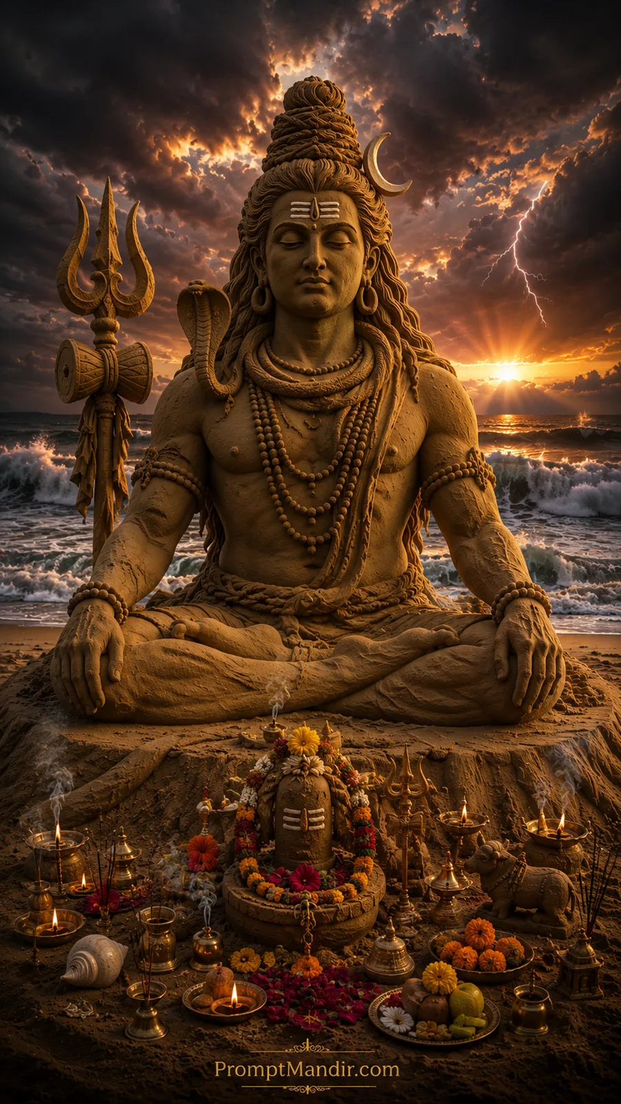 Meditative Lord Shiva sand sculpture beside ocean with trishul under dramatic sunset clouds