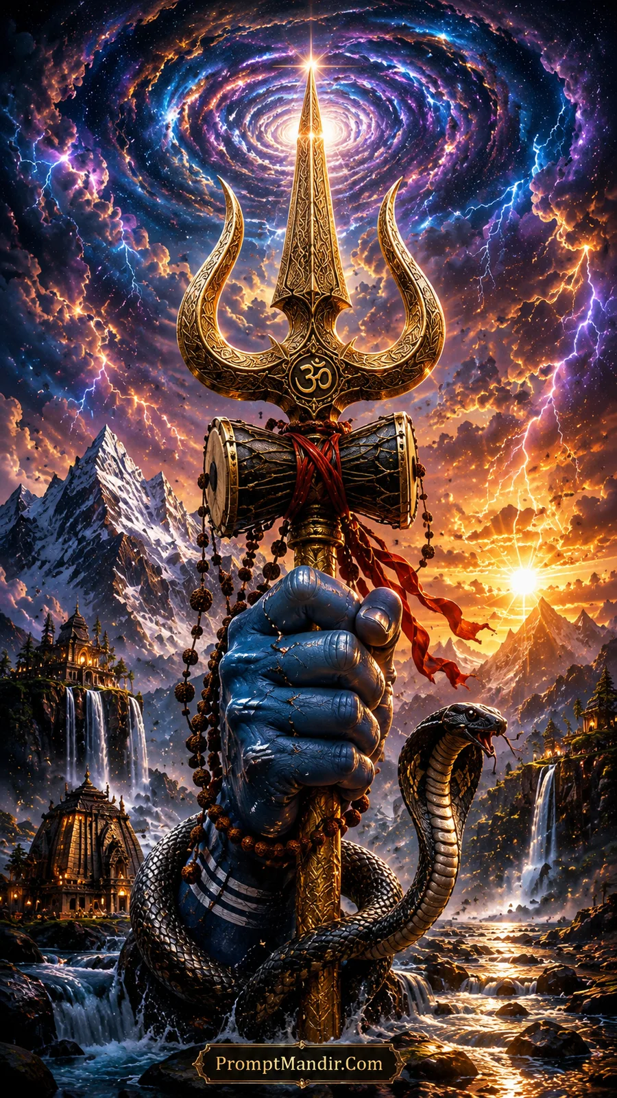 Divine Lord Shiva Trishul with Damru, cosmic galaxy, serpent, mountains and sacred temples