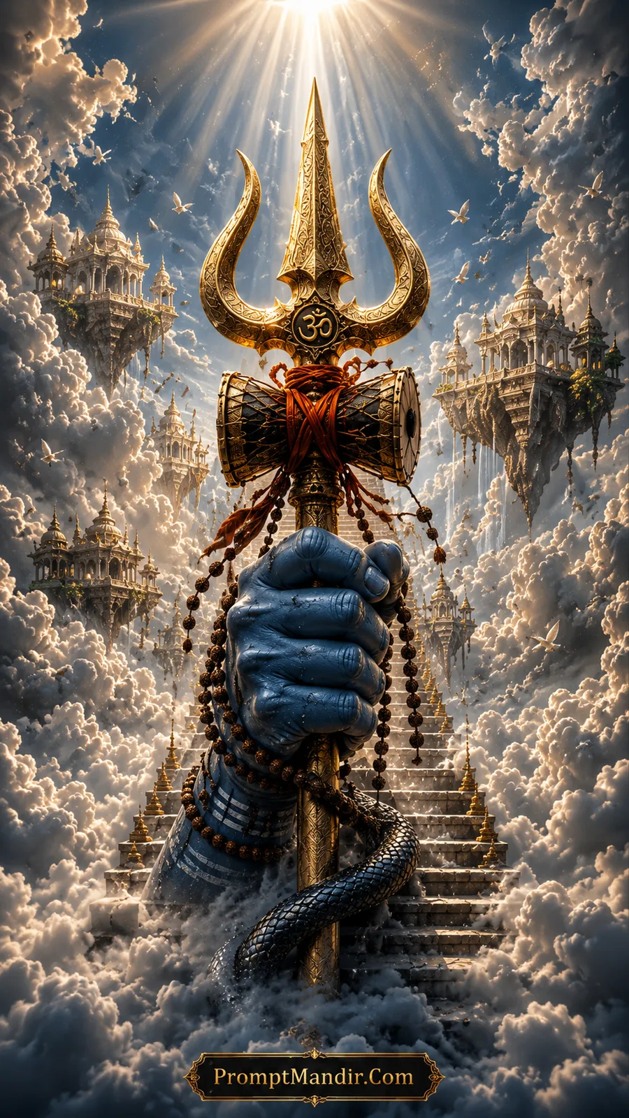 Golden Shiva Trishul with Damru above heavenly clouds and floating celestial temples