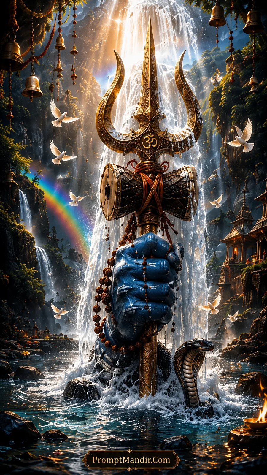 Sacred Shiva Trishul before majestic waterfall with white doves, rainbow and flowing river
